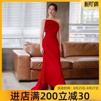 Red suspender toast dress bride 2021 new summer slim slim long banquet host evening dress female