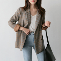 2021 Early autumn new plaid suit jacket Womens slim fit Inn Wind Loose Coffee Color Little West Suit