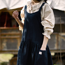 Student skirt apron Solid color literary simple cotton and linen breathable household kitchen dirty sleeveless casual cross apron