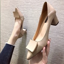 Shallow pointed square buckle single shoes womens shoes spring new Korean version of the wild net red small fragrant wind thick heel black professional shoes