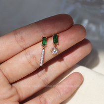 Plated 14K real gold 925 silver needle emerald white Zircon high sense French temperament asymmetrical earrings for women