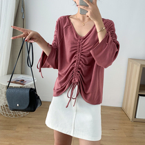 Large size womens 2020 Autumn New Korean chic loose drawstring top female fat sister slim long sleeve T-shirt