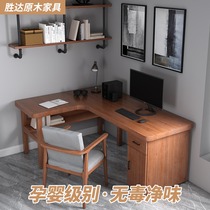 Chinese style all solid wood corner learning table corner desktop computer desk bedroom childrens desk bookshelf combination with bookcase