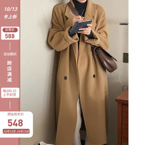 Autumn and winter camel double-sided woolen coat womens long knee lazy temperament double-breasted woolen coat womens tide