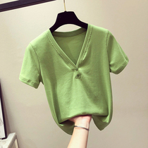 Short sleeve T-shirt female 2020 Summer new avocado green Korean slim V collar slim casual Joker half sleeve top