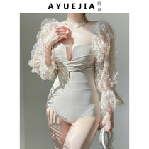 Swimsuit female summer 2021 new fashion one-piece long sleeve Conservative belly thin Korean ins fairy fan swimsuit