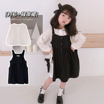 Girls western style sweet autumn suit girls black strap skirt long-sleeved shirt net red 2021 new dress