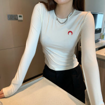 New collar head cotton embroidered moon blouse tops long sleeve mens thin inside and female elastic wear