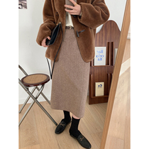 (JUSLIN) retro simple wool blend clip flower herringbone straight skirt F1251