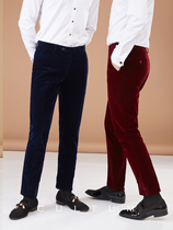 Business suit pants Mens slim straight small-legged trousers trend velvet banquet wedding formal wine red dark blue black