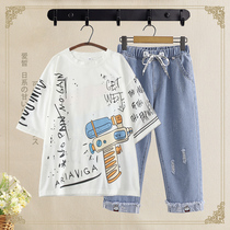 Summer new girls college style suit middle school students Japanese Korean version cotton T-shirt casual printing T-shirt girls clothes
