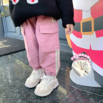 Fall in love with pussy girl sports pants plus suede thickened babys new foreign air winter clothing children casual long pants workwear pants