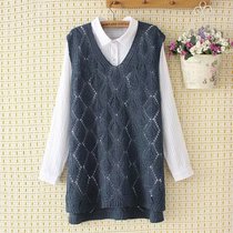Fat MM Spring Autumn Retro Hollowed-out Knitted Waistcoat Female V collar Outer lap Shoulder Conspicuga slim plus hypertrophy waistcoat Waistcoat Women