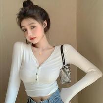 Korean version retro undershirt white T-shirt female summer V neckline with long sleeves 2022 new tight blouses