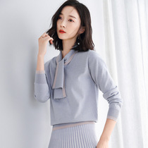 Autumn and winter New Korean ribbon bright silk knitted top womens pullover loose slim short Joker sweater base shirt