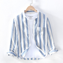 Fresh Collage Striped Linen Shirt Men Casual small collar Korean version Summer thin Loose Cotton Linen Lining Tide