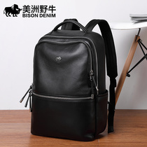 Americas Bison Bull Double Shoulder Bag Men Genuine Leather Business Headlayer Bull Leather Fashion Trends School Bag Casual Backpack Computer Bag