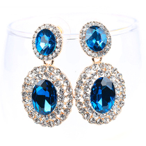 European and American fashion luxury double oval diamond earrings super large red blue and black gemstone large earrings without pierced ear clips