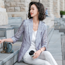  Blue printed lace blazer womens spring and summer new slim temperament casual thin breathable mother suit