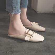 Square buckle half slippers womens spring 2021 new lazy shoes fashion wild Korean version wear social small leather shoes womens slippers