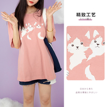HIKOSEN Carla cat short sleeve summer T-shirt cat patchwork handmade Japanese ins style pink blouse