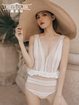 White sexy deep V hollow out bikini fairy backless hot spring swimsuit lace belly belly holiday swimsuit