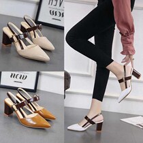 2019 Spring-style single shoe woman pointed coarse heel Baotou womens shoes with a line of buttoned heels 100 hitch sandal