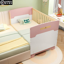 Pink solid wood adjustable high guardrail childrens bed baby baby stitching bed girl princess bed single bed widening