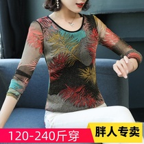 Clearance) Fat Mom Small Shirt Spring Dress Large Size Mesh base shirt 200 Jin Middle-aged Top Fat T-shirt