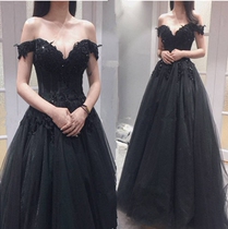 2021 new black one-shoulder banquet evening dress bride thin noble wedding dress toast dress birthday long dress female