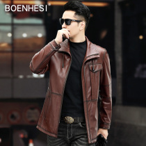 Autumn new Haining genuine leather leather clothing male head layer of cow leather with long leather jacket turning over a single leather jacket