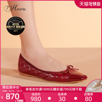 73Hours Womens Shoes Berry Party Spring and Summer Single Shoes Shallow Head Bow Comfortable Commuter Flat Shoes Women
