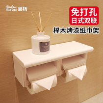 Non-perforated tissue holder toilet toilet waterproof wall-mounted Nanzhu solid wood double tissue box Paper roll holder shelf