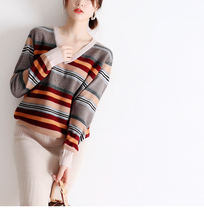 Strong foreign style strong plastic type single wear all inside the color horizontal stripes V-neck loose shoulder sleeve sweater