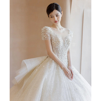 One-shoulder French wedding dress 2022 bride and daughter luxury retro main veil