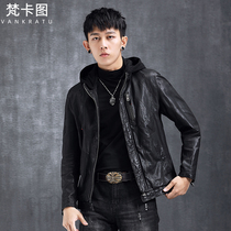 Real leather men's locomotive sheepskin jacket can take off the hat Harley riding a young jacket tide