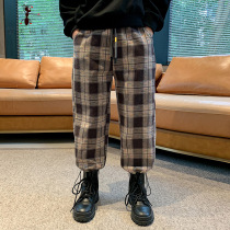 Boy 2021 Spring and Autumn new fashion trend plaid childrens wear casual pants childrens sports pants foreign-style knitted pants