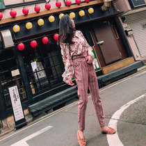 Wine red plaid port taste high waist trousers womens 2020 new literary retro thin casual straight nine-point pants