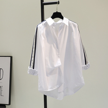 Hong Kong Tide Brand 2021 New Korean Striped Splice Cotton Shirt Womens Loose Casual Top Cardigan Jacket