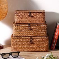 Rattan woven storage basket Basket with lid Handmade seaweed woven desktop storage box covered storage box storage basket