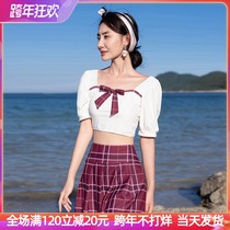 Korean student swimsuit female split lattice skirt Japanese academic style 2021 New slim round neck hot spring women swimsuit