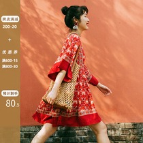 Yunnan ethnic style dress Xia fat sister shading meat thin red dress seaside vacation photo travel womens clothing