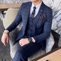 Brand mens plaid suit suit Spring and autumn Korean version slim business formal fashion British suit wedding dress