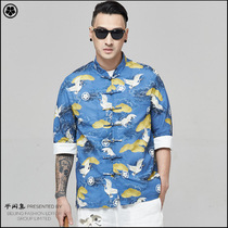Semi-leisure collection printed crane short-sleeved Tang suit hip-hop fashion trendy brand retro summer buckle top Chinese style young mens clothing
