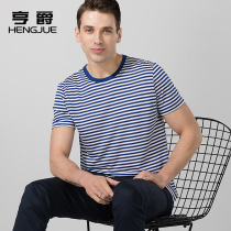 Mulberry silk short sleeve T-shirt mens round neck striped silk semi-sleeve T-shirt summer mens clothing trend sea soul shirt