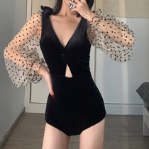 Secan Black Velvet Advanced Spa Holiday Summer Ins Long Sleeve Dew Back Veil Slim Conjoined Swimsuit Woman
