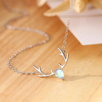 S925 Pure Silver Five Color Elk Deer Necklace Korean version of the student Mori Lock Bone Chain Moon Light Stone Pendant Gift Woman