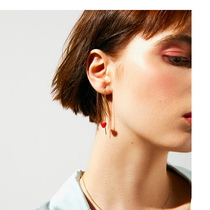 Small red heart ear line temperament Korean red love earrings Titanium steel plated rose gold personality wild simple does not fade
