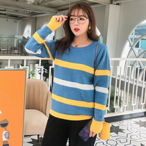 Plus size womens clothing fat sister belly cover age reduction striped top 2020 new net red autumn Western style loose knitwear