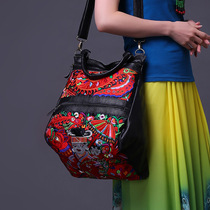 Chinese style 2016 new leather casual womens bag national style embroidered flower cowhide large bag womens shoulder oblique cross bag